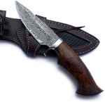 MAAN Handmade Damascus Fixed Blade Knife with Wooden Handle - Survival, Tactical and Camping - Damascus Steel Knife - Damascus Hunting Knife with Right Hand Vertical Tip Down Leather Sheath - MNK105